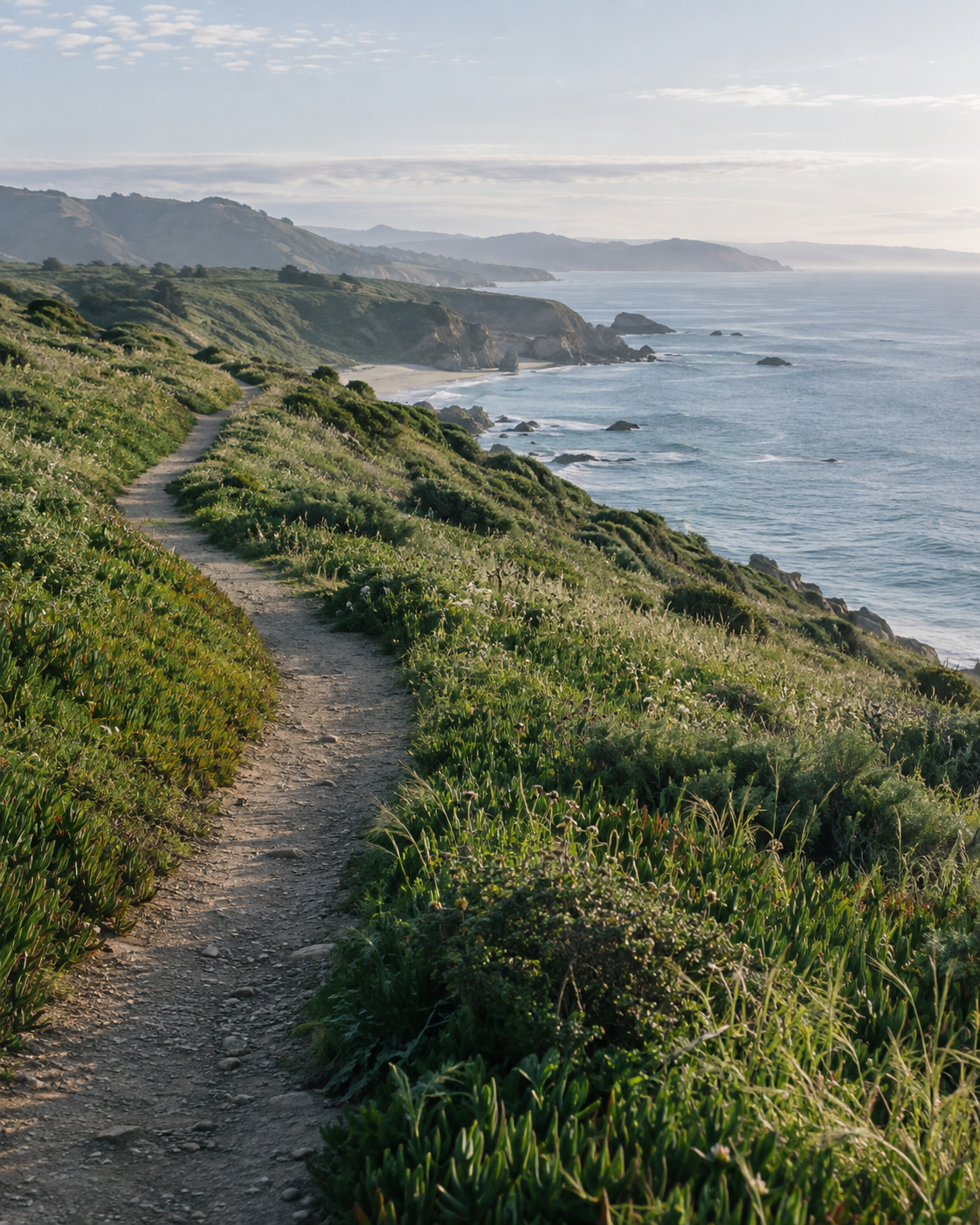 A quiet coastal path through grass toward the ocean